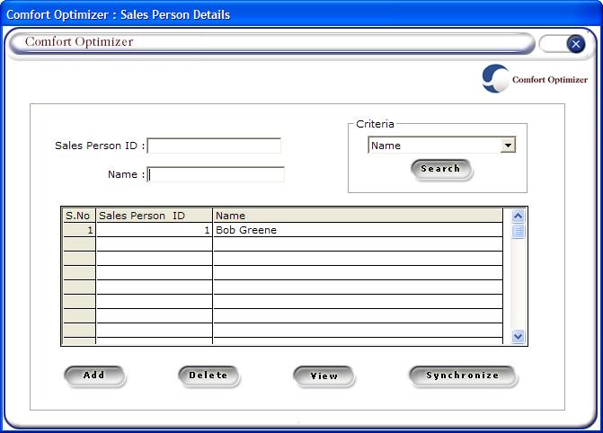 Comfort Optimizer User Manual The next button to setup is your Sales Force. When you first come into this section, you will see 1 sales person in your system.