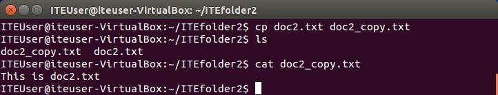 d. Type cp doc2.txt doc2_copy.txt to create a copy of doc2.txt. Type ls at the prompt to verify a copy of the file has been created. Use the cat command to look at the content of doc2_copy.txt. The content in the copy should be the same as the original file.