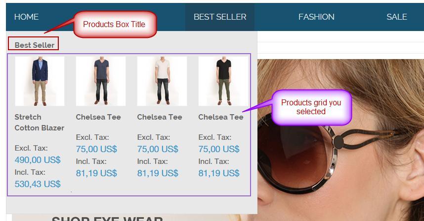 - With Product Grid type, configuration for this type is similar to Product Listing type but on menu content this type will show products list you