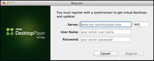 Register DesktopPlayer with Synchronizer After installing DesktopPlayer, register it with the Synchronizer management server. After registering, download a Windows VM that has been assigned to you. 1.
