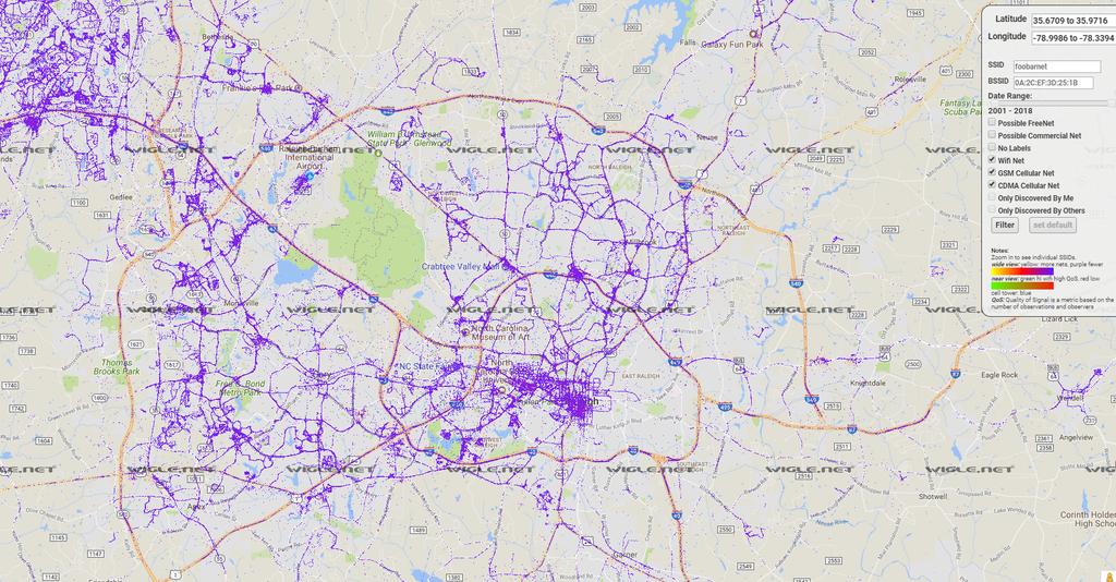 Map of Access Points in Raleigh http://wigle.