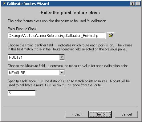 5. Type C:\arcgis\ArcTutor\LinearReferencing\ Calibration_Points.shp for the Point Feature Class. 6. Click the Point Identifier Field dropdown arrow and click ROUTE. 7.