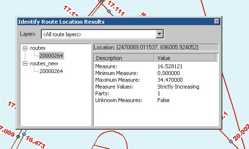 When ArcMap moves to the saved location, the calibration points appear with labels that represent the measure values for each point.