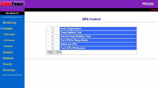 [Control] menu contains [UPS Control] page, [UPS Reboot] page, and [UPS Schedule] page. [UPS Control] allows basic remote control of the UPS.