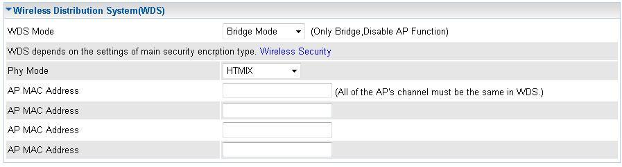 Bridge Mode WDS Mode: Select Bridge Mode from the drop-down menu. In this case, AP adapter acts as a wireless bridge and will not respond to wireless requests.