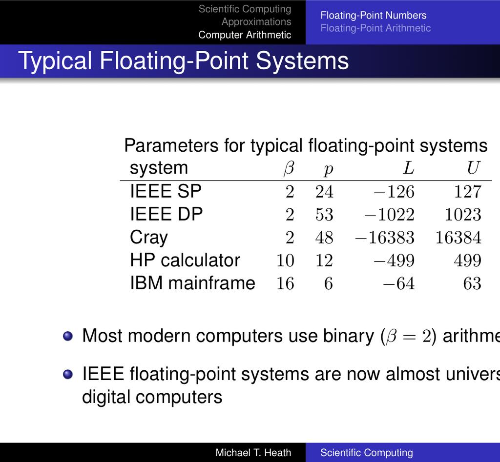 Floating Point Numbers Multiple floating point standards exist Most floating point systems are normalized so