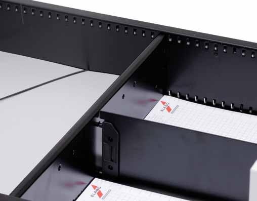 Base cabinets, roller containers Drawers The drawers consist of black coated steel plate with a grid with rows of holes for a continuous arrangement system, hidden metal ball bearing guide with 70 %