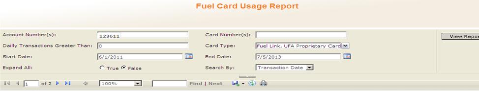 To pull a Fuel Card Usage Report, fill in the following fields: Account Number(s) - use commas (not spaces) to separate account numbers Card Number(s) - use commas (not spaces) to separate card