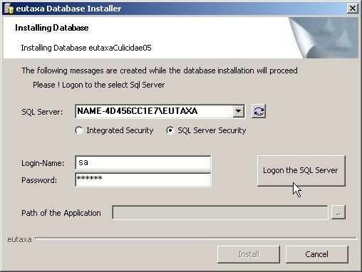 On the now appearing window of the Eutaxa Database Installer set the "SQL Server Security" button on active, fill in the Login-Name "sa" and the Password "eutaxa" (mind that the letters of the