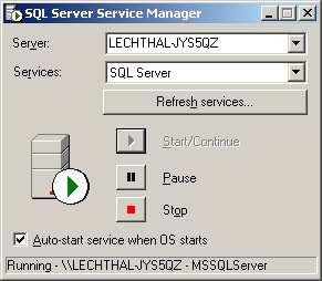 Fig. 12: SQL Server Service Manager To verify that the Eutaxa SQL-Server has really been installed (you may see the symbol of another SQL-Server that has been installed previously), enter the Windows