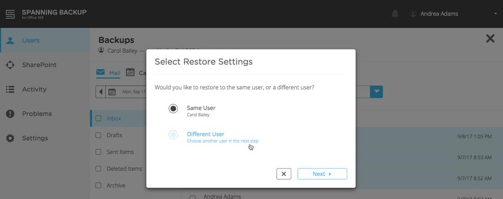 Non-admin users will only be able to restore their own backup data into their own account. 3. Confirm the restore action. 4.