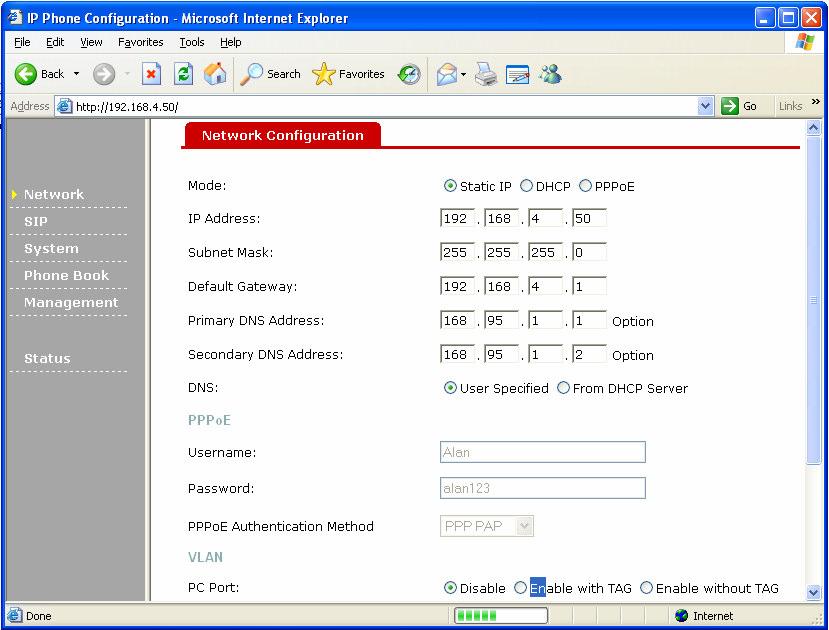 On this screen, you can choose the connection mode (static IP, PPPoE, or DHCP), enter the IP address in static IP mode, and
