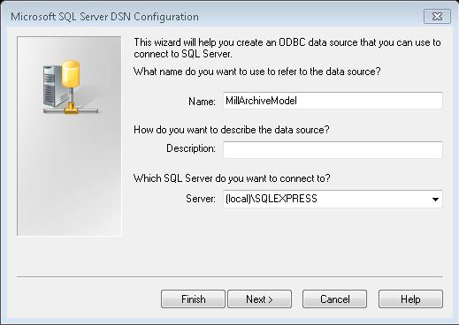 3. Select the first System Data Source, MillArchiveModel, and click Configure. In the Which SQL Server do you want to connect to? box, enter the server name and SQL instance name.