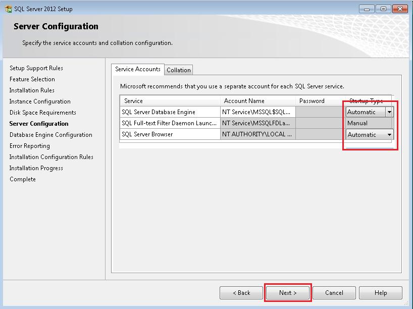 10. Ensure that SQL Server Database Engine and SQL Server Browser are set for Automatic.