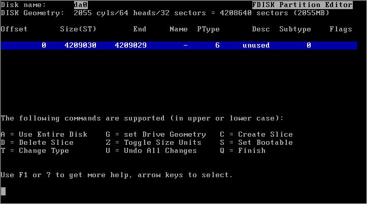 Installing Guest Operating Systems To set the disk geometry manually 1 FreeBSD calculates an incorrect disk geometry before you arrive at the FDISK Partition Editor, as the following illustrates.