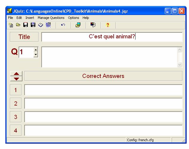 Firstly, type in the title of your exercise, e.g. C est quel animal? Next, save your JQuiz file using the red disk.