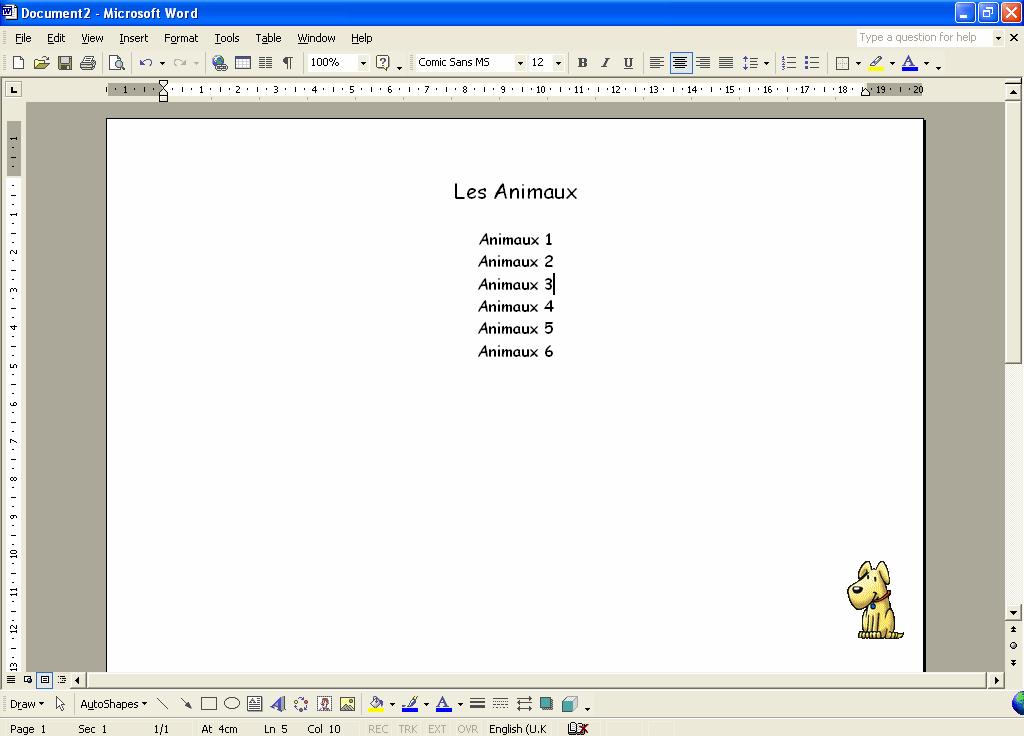 In Word, create a list of the exercises in your cycle: Now save the file into your Animals folder: