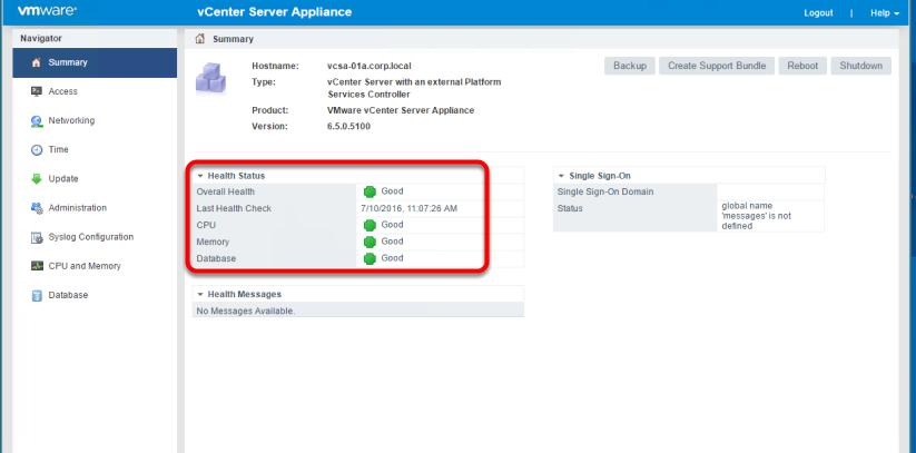 Monitor the health, resource utilization, and database usage of the vcenter Server Appliance Once you are logged in, you will see the Summary page of the Appliance Management UI.