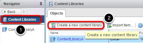 Navigating to Create new content library wizard 1. Select "Content Libraries" in left Navigation pane, at Top. Your screen should match this one 2. Click the "Create new content Library"link.