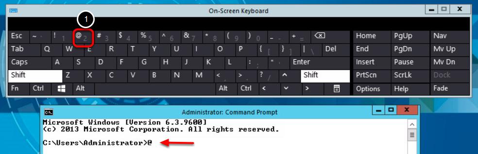 Click once in active console window In this example, you will use the Online Keyboard to enter the "@" sign used in email addresses. The "@" sign is Shift-2 on US keyboard layouts. 1.