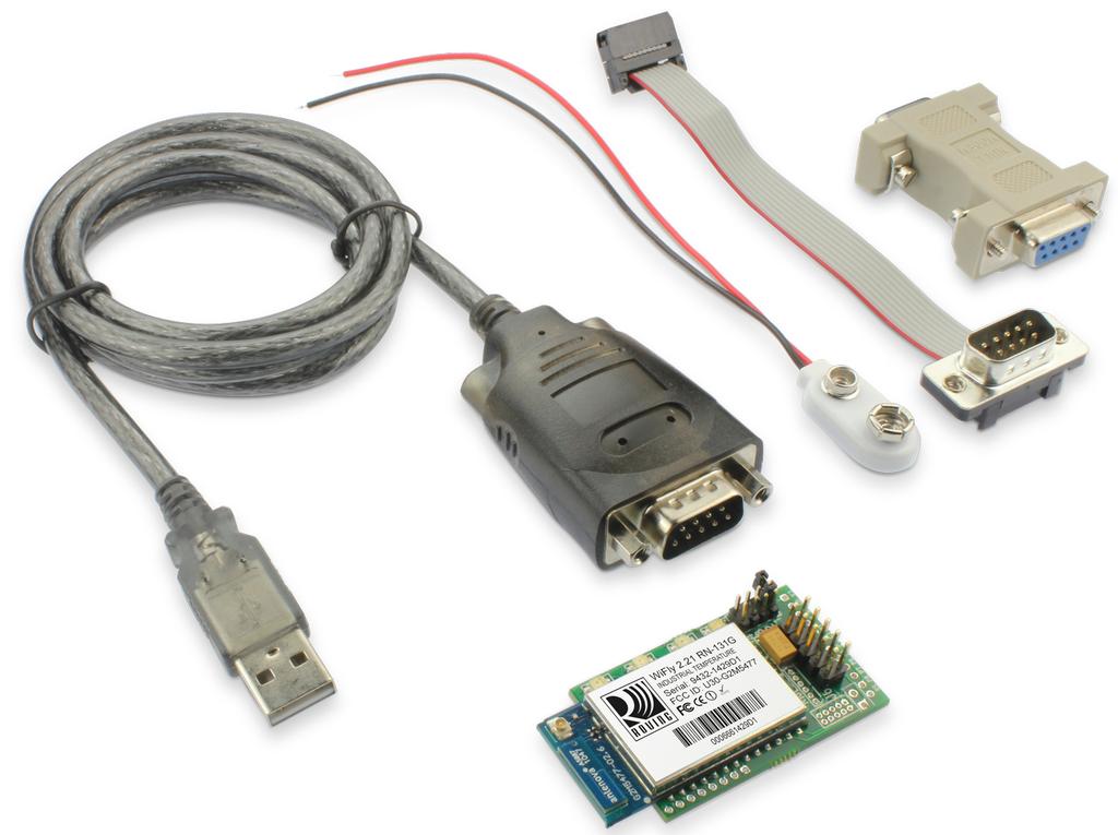 Evaluation Kit Contents Kit Photo Contents RN-G-EVAL Kit RN-: Evaluation board for RN- module RN-USB-SERIAL: USB-to-serial cable with male DB-9 connector RN-UFL-SMA-: U.