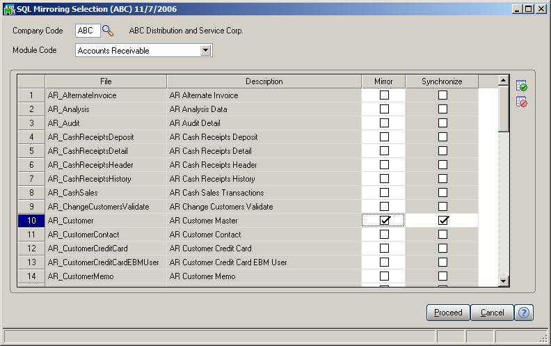 SQL Mirroring ing 15 In the Example below, the AR_Customer data file is selected to be mirrored from Sage MAS 90 / Sage MAS 200 into the SQL Database.
