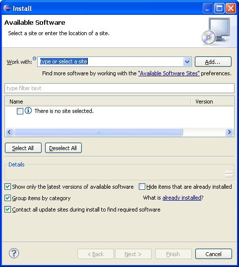 2. Use the Eclipse IDE s Add New Software mechanism to connect to an update site that is part of this package. This contains the actual CDE. There are two update sites in this package.