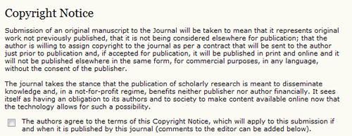 Figure 3.6. Copyright Notice Authors can then review the Privacy Statement. If the journal has not added a Privacy Statement, this section will not appear. Figure 3.7.