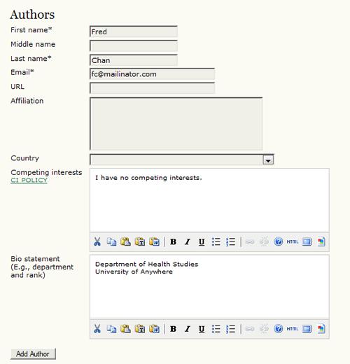 Figure 3.10. Authors If there are multiple authors for the submission, their information can be added using the Add Author button.