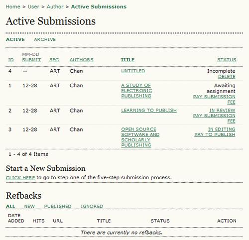 Figure 2.1. Active Submissions As the author, you can click on the hyperlinked title of any listed submission and review it.