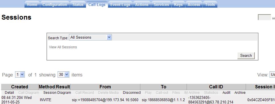 As shown below, select the Session Diagram link to view a ladder diagram for the session. The following screen shows a portion of the ladder diagram for an inbound Verizon IP Toll Free call.