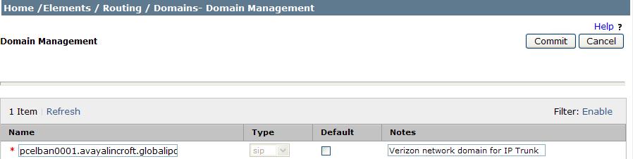 Click Commit to save. The following screen shows the avaya.com SIP domain that was already configured in the shared laboratory network.