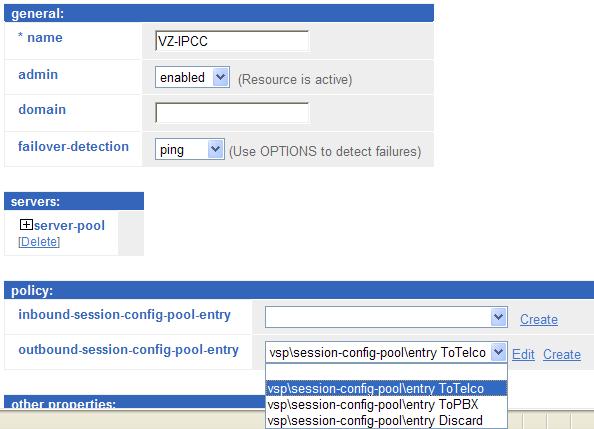 Using the left-side menu, navigate to vsp enterprise servers sip-gateway and select the newly created VZ-IPCC entry. Scroll down to the policy heading.