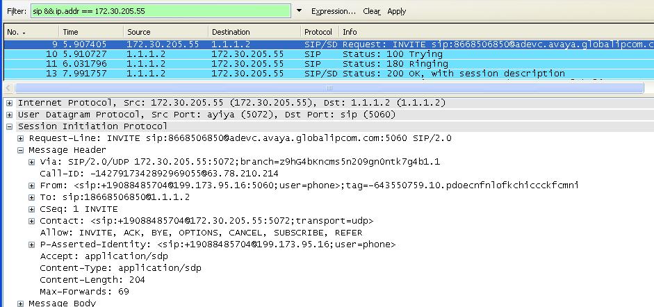 9.2. Wireshark Verification This section illustrates Wireshark traces for an inbound IP Toll-Free VoIP Inbound call using the sample configuration.