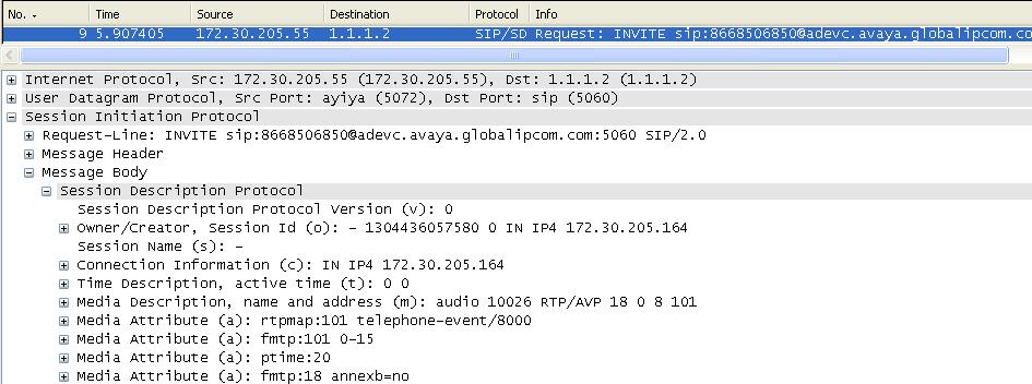 The following screen shows a filtered Wireshark trace taken from the inside of the SBC.
