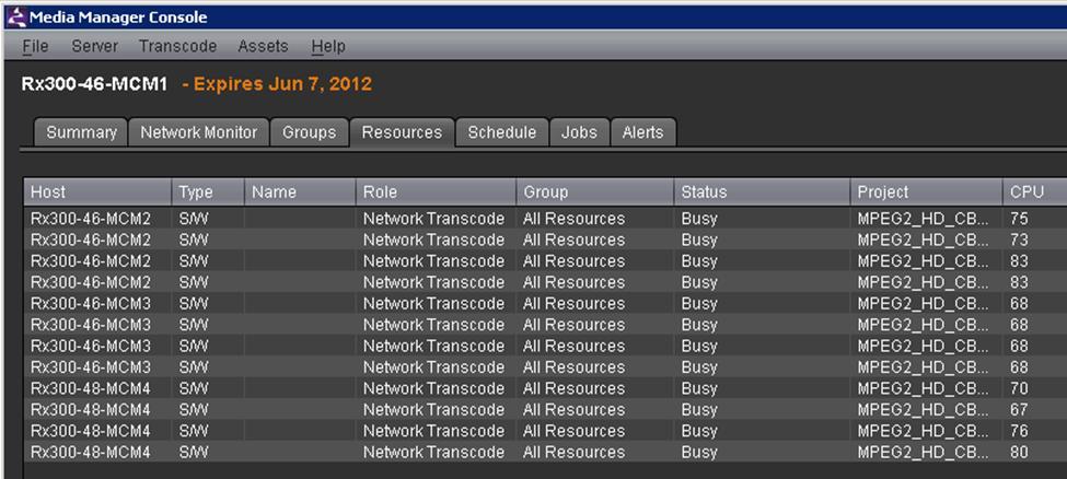The following figures show the overall configuration of the test environment. Details of specific sample test runs follow. Figure 4) Transcode Manager showing three servers acting as transcode agents.
