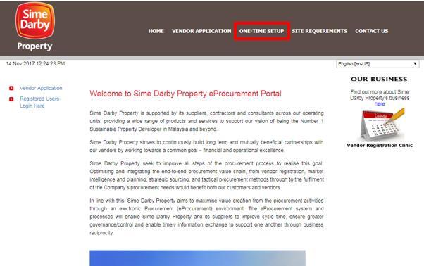 Figure 1 : One-Time Setup link accessible in Sime Darby Property eprocurement Portal 3.2.
