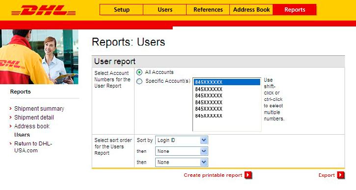 This report includes login ID, first and last name, email, phone, account number, account status and the date the user was added to DHL CorporateShip. 1.