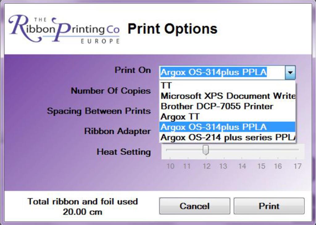 PRINT To print your design click the print button: When you click the print button the 'Print Options' box will display: Print On - Click the small downwards arrow and select your printer from the