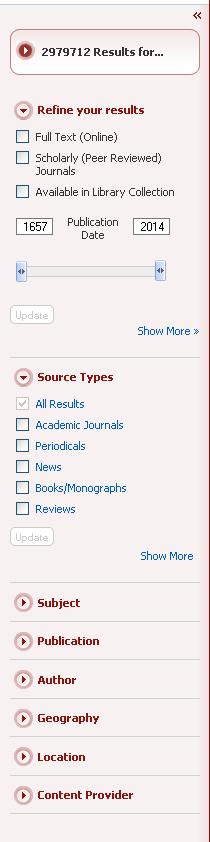 additional functionality, described shortly. At the top of the refinement pane, users can choose to limit to full text, scholarly peer-reviewed journals, or the library catalog only.