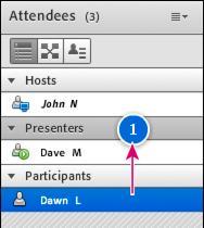 VII. View or Change an Attendee s Role A Host can change the role of any Participant in the Attendees pod by adding or removing permissions as needed.