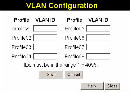 Wireless Access Point User Guide VLAN Configuration Screen This screen is accessed via the Configure VLAN button on the Security Profiles screen.