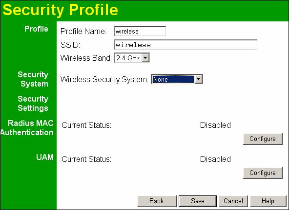 Setup Security Settings - None Figure 13: Wireless Security - None No security is used. Anyone using the correct SSID can connect to your network.