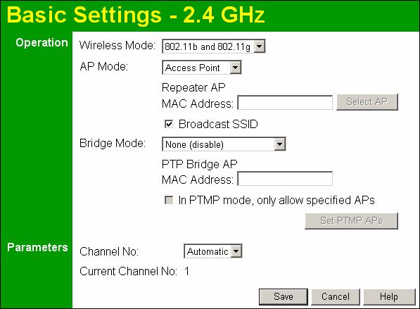 Setup Wireless Screens There are two (2) configuration screens available: Basic Settings Advanced Basic Settings Screen The settings on this screen must match the settings used by Wireless Stations.