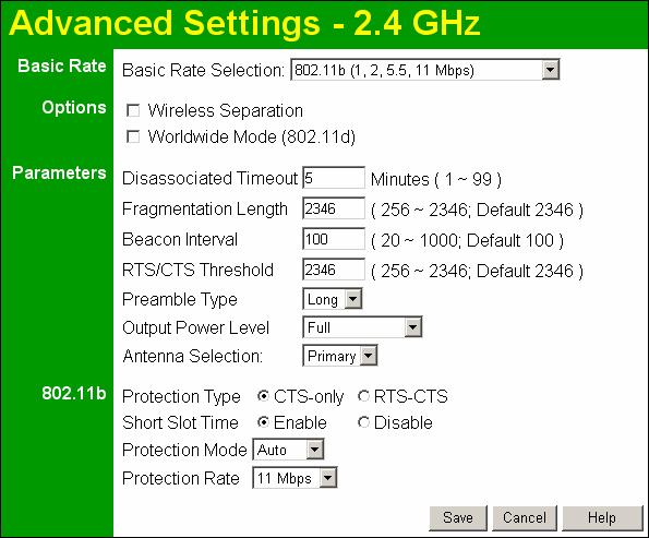 Wireless Access Point User Guide Advanced Settings Clicking the Advanced link on the menu will result in a screen like the following.