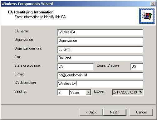 PC and Server Configuration Figure 25: CA Screen 7. Click Next if you don't want to change the CA's configuration data. 8.