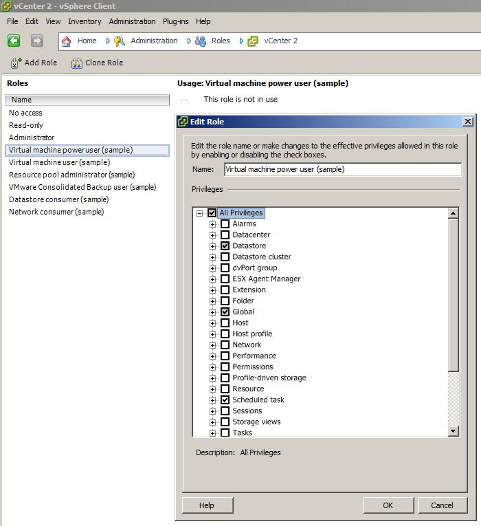 The roles privileges can be configured via the vsphere Client connected to a