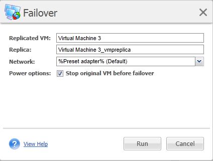 Failover 8.2.3 Failback VM from Replica The failback operation (restoring a VM from replica) allows you to restore your original VM by using the replica VM.