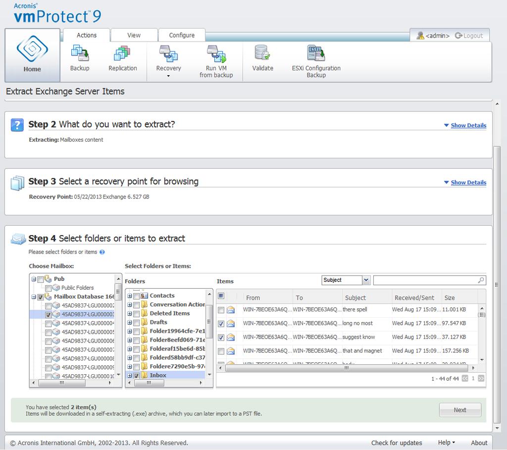 Extract Exchange Servet Items, Selecting destination for saving items The selected Mailboxes & Mailboxes Contents are saved to the specified destination as the Acronis vmprotect 9 self-extractible (.