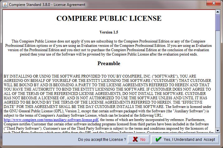 8) If you are installing Compiere Professional, you will receive a Commercial license